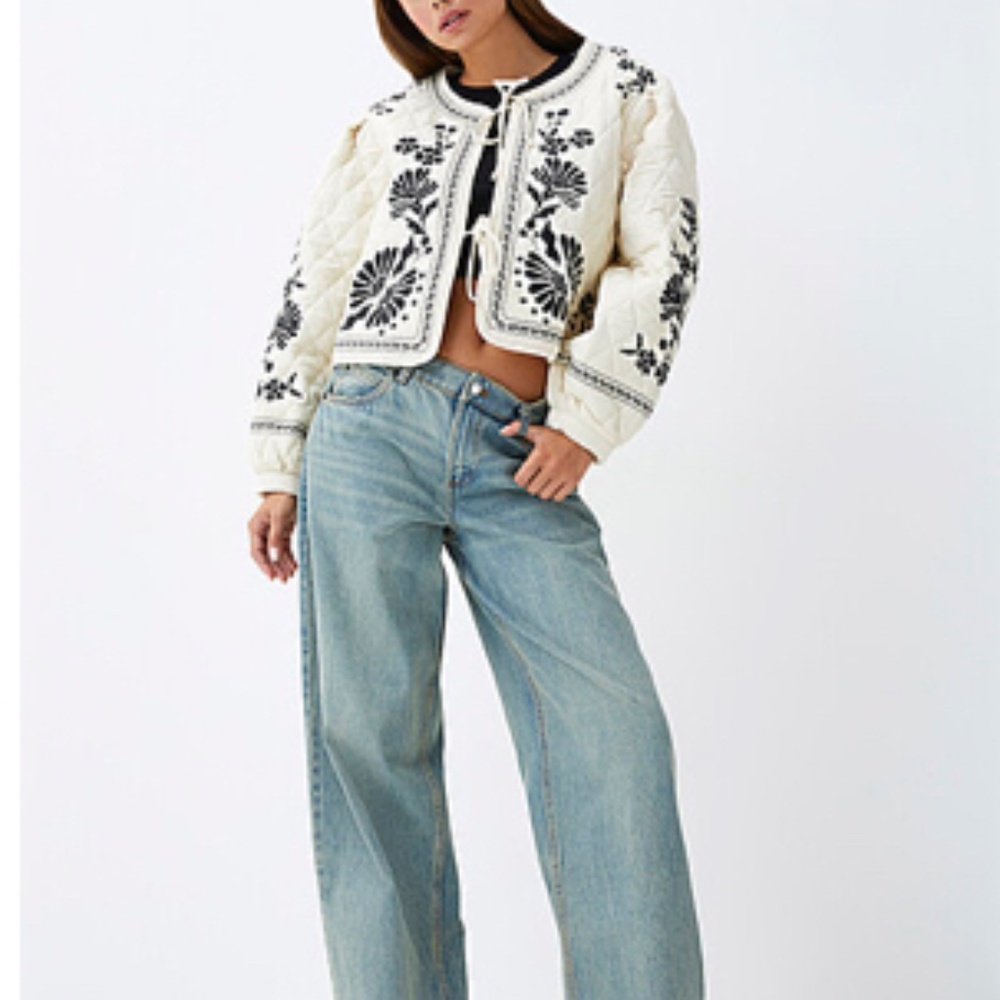 Embroidered Quilted Jacket - Cream with Black Floral - Picture 2 of 3